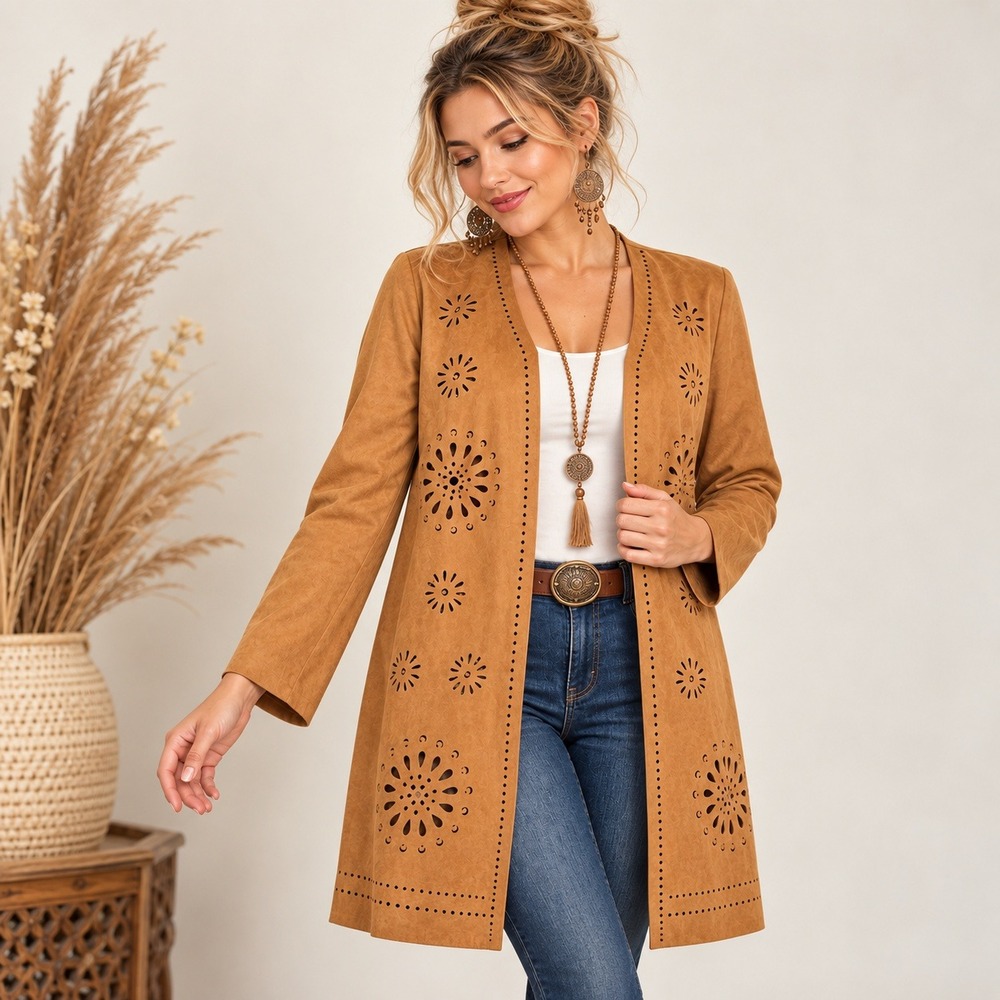 LIV Los Angeles Faux Suede Laser Cut Duster Cardigan L Tan Boho Western Festival
